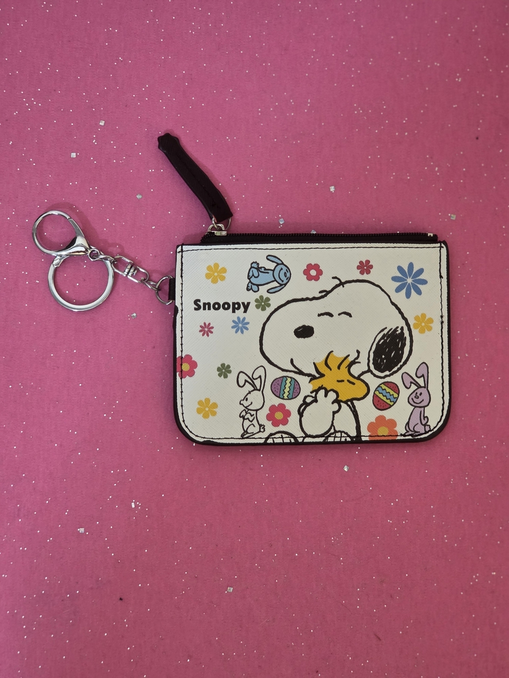 Snoopy Woodstock Peanuts Faux Leather Floral Zip ID Holder w/ Keyring